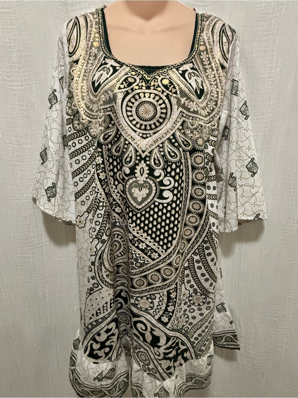 Lapogee BOHO Green And Gold kaftan Dress intricate Indian-inspired block prints.
